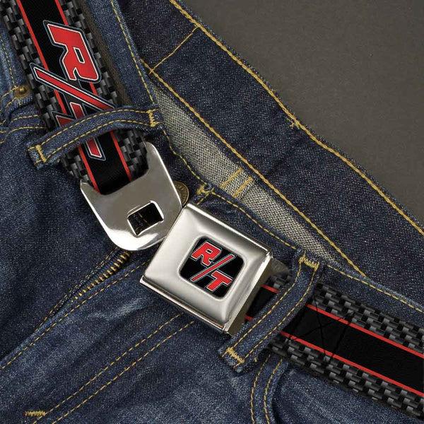 Buckle-Down Dodge Challenger R T Emblem Full Color Black White Red Seatbelt Belt - Dodge Challenger R/T Emblem/Carbon Fiber Stripe Grays/Black/Red Webbing