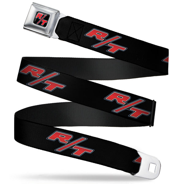 Buckle-Down Dodge Challenger R T Emblem Full Color Black White Red Seatbelt Belt - Dodge Challenger R/T Emblem Repeat Black/Blue/White/Red Webbing