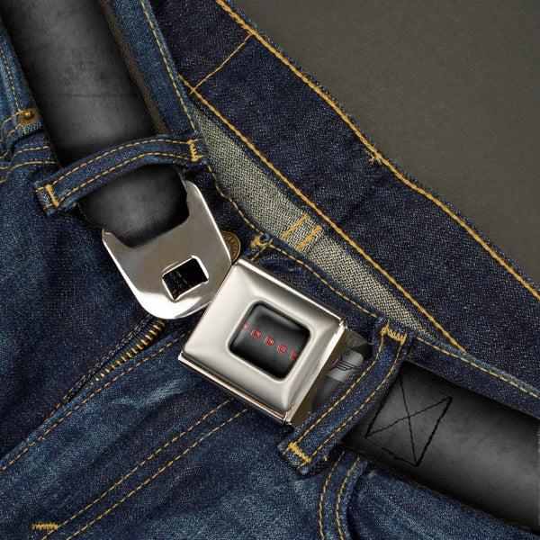 Buckle-Down DODGE Full Color Gray Red Seatbelt Belt - Dodge 100th Anniversary Logo Black-Gray Fade/Red Webbing