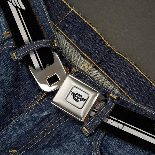 Buckle-Down DODGE GARAGE Emblem Full Color Light Gray Black Seatbelt Belt - DODGE GARAGE Emblem Stripe Black/White Webbing