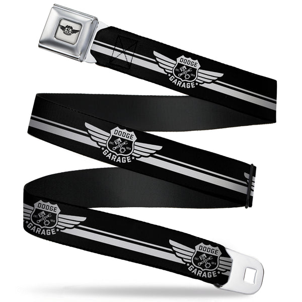 Buckle-Down DODGE GARAGE Emblem Full Color Light Gray Black Seatbelt Belt - DODGE GARAGE Emblem Stripe Black/White Webbing
