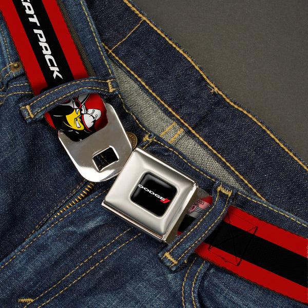 Buckle-Down Dodge Red Rhombus Full Color Seatbelt Belt - Dodge SCAT PACK Badge Logo Stripe Red/Black/White Webbing