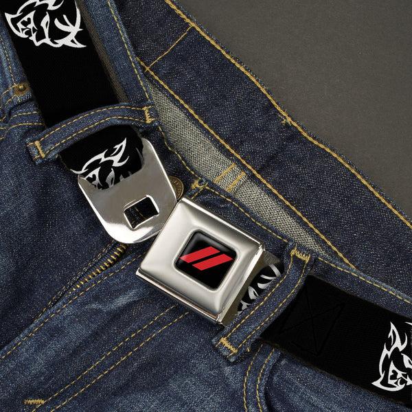 Buckle-Down Dodge Rhombus Icon Full Color Black Red Seatbelt Belt - Dodge Demon Icon Black/White Webbing