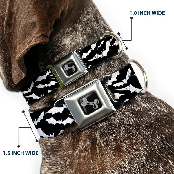 Buckle-Down Dog Bone Black/Silver Seatbelt Buckle Collar - Bats Flying Scattered Black/White