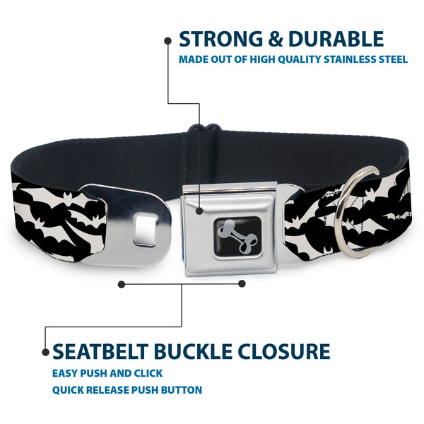 Buckle-Down Dog Bone Black/Silver Seatbelt Buckle Collar - Bats Flying Scattered Black/White