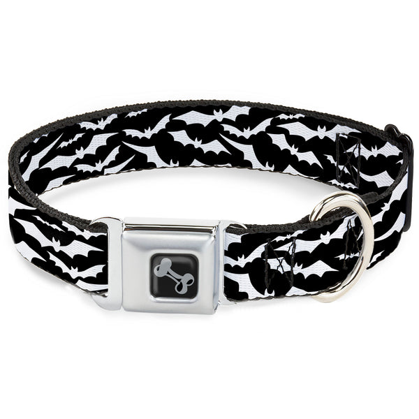 Buckle-Down Dog Bone Black/Silver Seatbelt Buckle Collar - Bats Flying Scattered Black/White