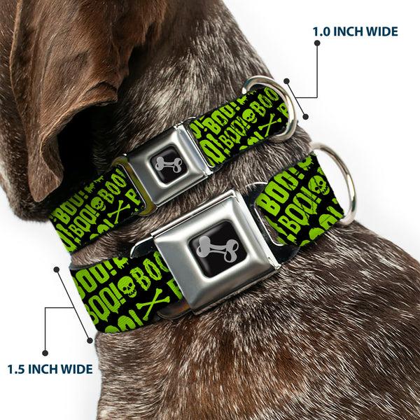 Buckle-Down Dog Bone Black/Silver Seatbelt Buckle Collar - BOO Text Skull And Crossbones Black/Green