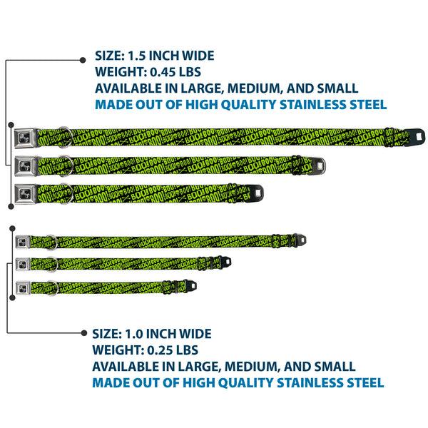 Buckle-Down Dog Bone Black/Silver Seatbelt Buckle Collar - BOO Text Skull And Crossbones Black/Green