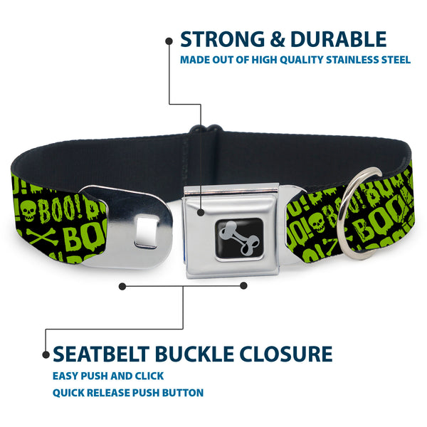 Buckle-Down Dog Bone Black/Silver Seatbelt Buckle Collar - BOO Text Skull And Crossbones Black/Green