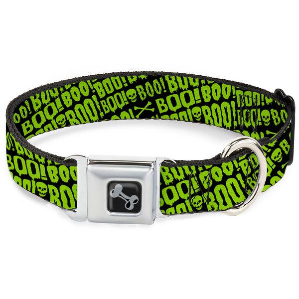 Buckle-Down Dog Bone Black/Silver Seatbelt Buckle Collar - BOO Text Skull And Crossbones Black/Green