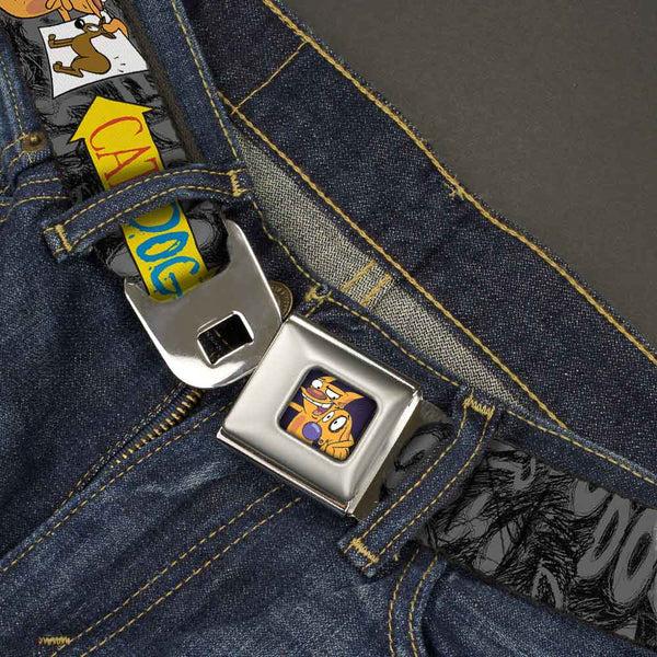 Buckle-Down Dog & Cat Pose Full Color Seatbelt Belt - CatDog Party/Balloons/CATDOG Logo Gray/Black/Multi Color Webbing