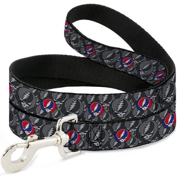 Buckle-Down Dog Leash - GRATEFUL DEAD Text and Skull and Roses Round Logo Black/Yellow