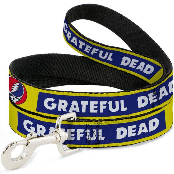 Buckle-Down Dog Leash - GRATEFUL DEAD Text Box and Steal Your Face Logo Yellow/Blue/White
