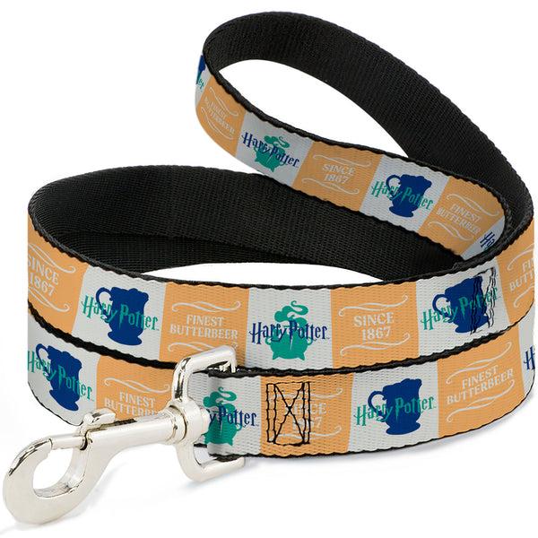 Buckle-Down Dog Leash - Harry Potter FINEST BUTTERBEER SINCE 1867 Icon Blocks Yellow/White/Blues