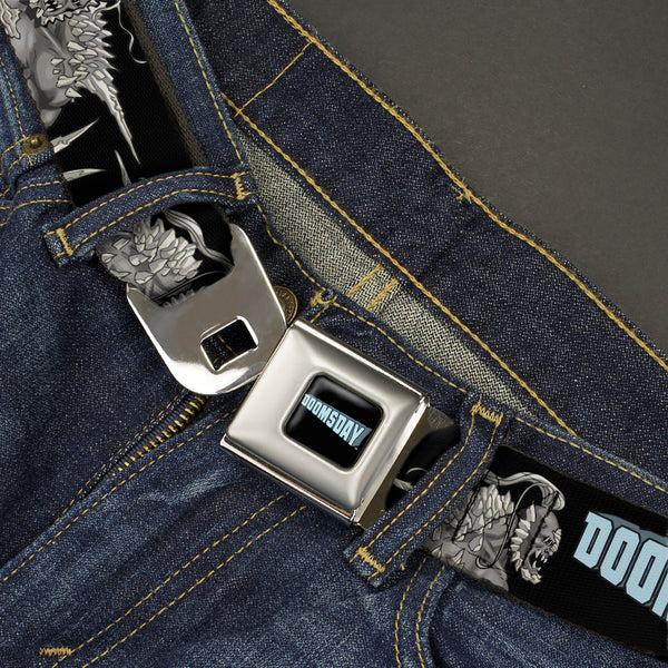 Buckle-Down DOOMSDAY Title Logo Full Color Black Seatbelt Belt - DC Superman Villain DOOMSDAY Pose And Title Logo Black Webbing