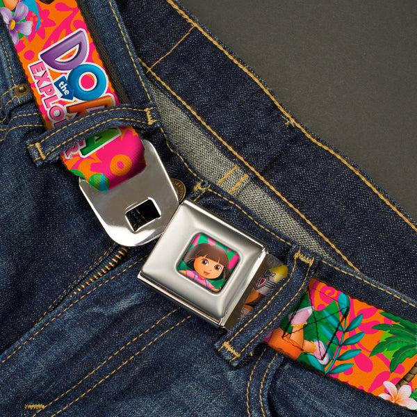 Buckle-Down Dora Pose Full Color Pink/Green Seatbelt Belt - DORA THE EXPLORER Dora Poses/Floral Collage Orange/Pink Webbing