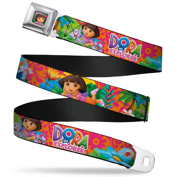 Buckle-Down Dora Pose Full Color Pink/Green Seatbelt Belt - DORA THE EXPLORER Dora Poses/Floral Collage Orange/Pink Webbing