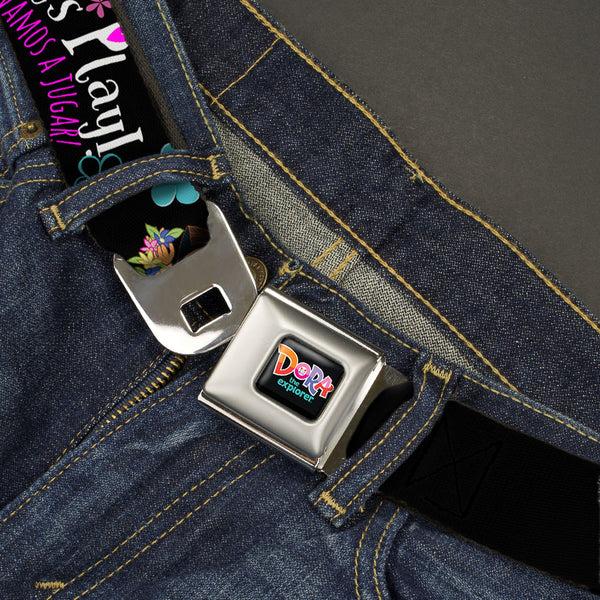 Buckle-Down DORA THE EXPORER Logo2 Full Color Black/Multi Color Seatbelt Belt - Dora & Boots Pose/Floral LET'S PLAY /VAMOS A JUGAR Black/White/Multi Color Webbing