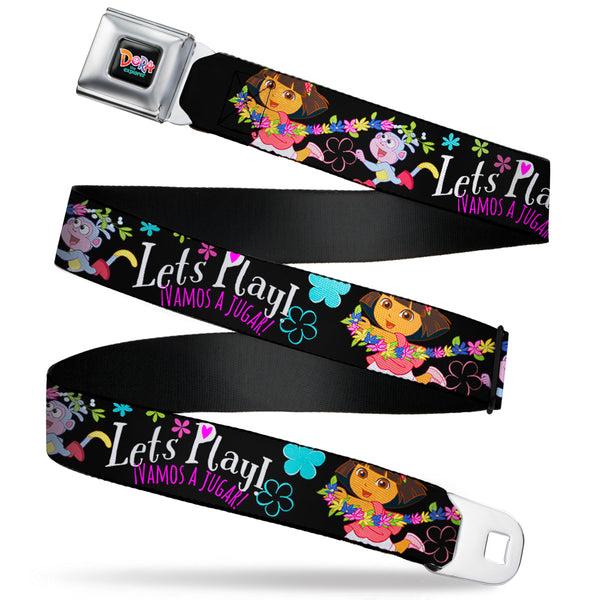 Buckle-Down DORA THE EXPORER Logo2 Full Color Black/Multi Color Seatbelt Belt - Dora & Boots Pose/Floral LET'S PLAY /VAMOS A JUGAR Black/White/Multi Color Webbing