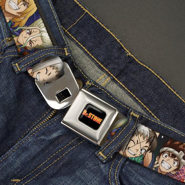 Buckle-Down DR. STONE Title Logo Full Color Black/Orange Seatbelt Belt - Dr. Stone Character Group Faces Close-Up Webbing