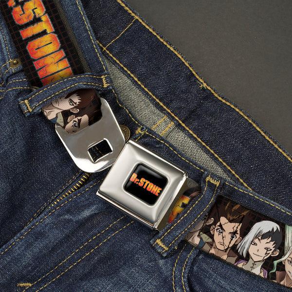 Buckle-Down DR. STONE Title Logo Full Color Black/Orange Seatbelt Belt - DR. STONE Title Logo And Character Group Black Webbing