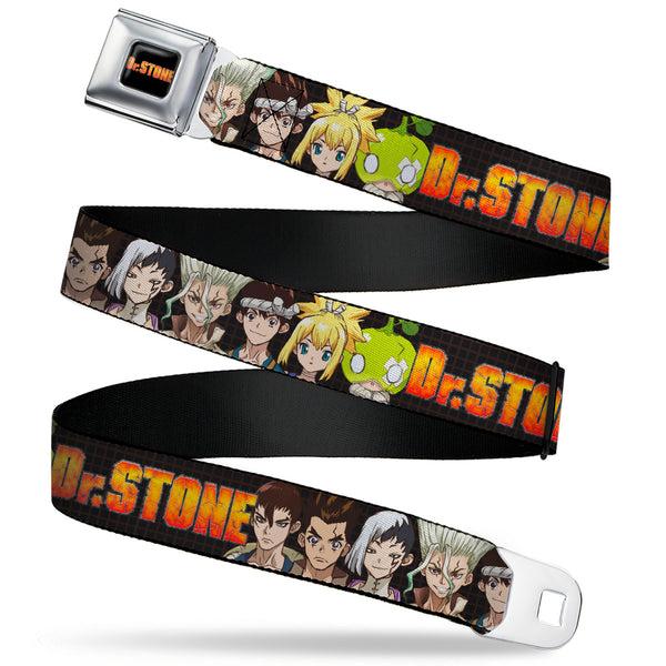 Buckle-Down DR. STONE Title Logo Full Color Black/Orange Seatbelt Belt - DR. STONE Title Logo and Character Group Black Webbing