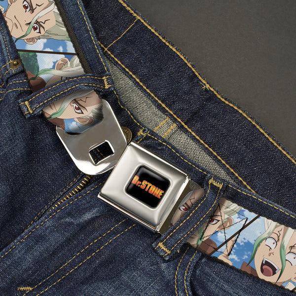 Buckle-Down DR. STONE Title Logo Full Color Black/Orange Seatbelt Belt - Dr. Stone Senku Ishigami Expression Blocks Blues Webbing