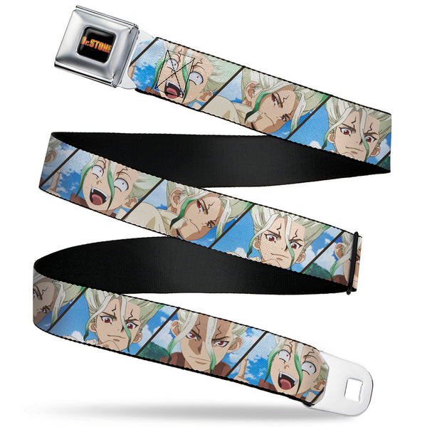 Buckle-Down DR. STONE Title Logo Full Color Black/Orange Seatbelt Belt - Dr. Stone Senku Ishigami Expression Blocks Blues Webbing