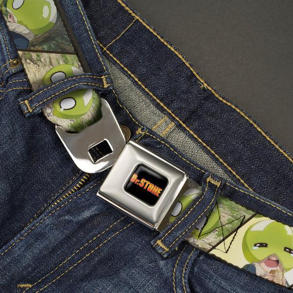 Buckle-Down DR. STONE Title Logo Full Color Black/Orange Seatbelt Belt - DR. STONE Title Logo And Suika Pose Blocks Webbing
