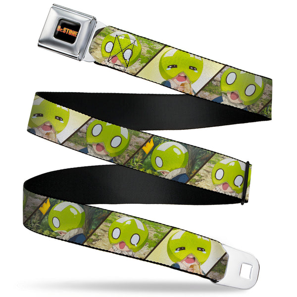 Buckle-Down DR. STONE Title Logo Full Color Black/Orange Seatbelt Belt - DR. STONE Title Logo and Suika Pose Blocks Webbing