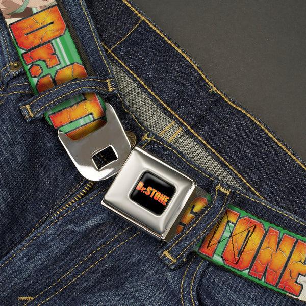 Buckle-Down DR. STONE Title Logo Full Color Black/Orange Seatbelt Belt - DR. STONE Title Logo And Suika Face Close-Up Greens Webbing