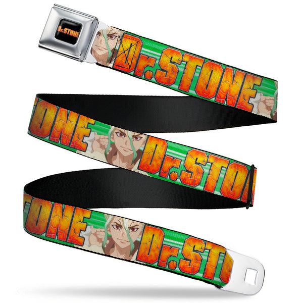 Buckle-Down DR. STONE Title Logo Full Color Black/Orange Seatbelt Belt - DR. STONE Title Logo and Suika Face Close-Up Greens Webbing