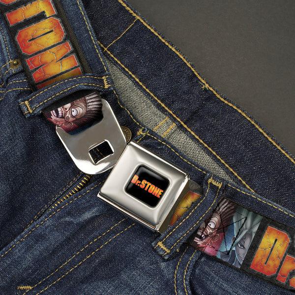 Buckle-Down DR. STONE Title Logo Full Color Black/Orange Seatbelt Belt - DR. STONE Title Logo And Ibarra Senku Split Pose Black Webbing