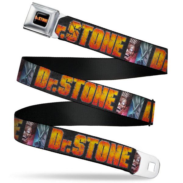 Buckle-Down DR. STONE Title Logo Full Color Black/Orange Seatbelt Belt - DR. STONE Title Logo and Ibarra Senku Split Pose Black Webbing