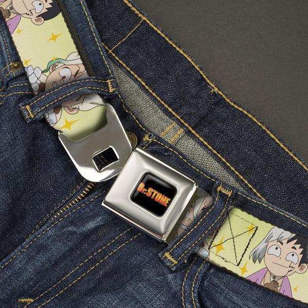 Buckle-Down DR. STONE Title Logo Full Color Black/Orange Seatbelt Belt - Dr. Stone Chibi Senku And Gen Faces Stars Yellows Webbing