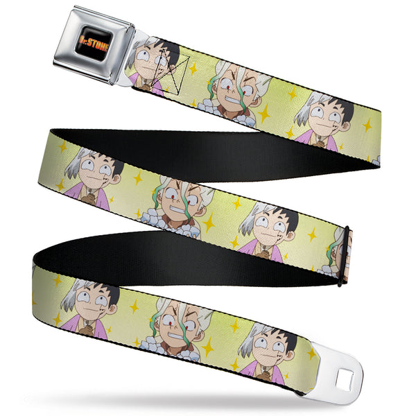 Buckle-Down DR. STONE Title Logo Full Color Black/Orange Seatbelt Belt - Dr. Stone Chibi Senku and Gen Faces Stars Yellows Webbing