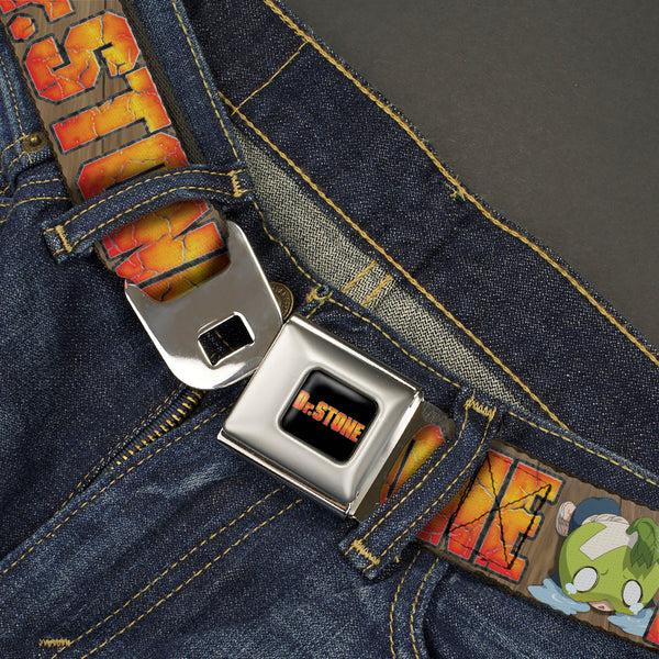 Buckle-Down DR. STONE Title Logo Full Color Black/Orange Seatbelt Belt - DR. STONE Title Logo And Suika Crying Pose Browns Webbing