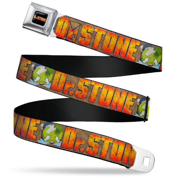 Buckle-Down DR. STONE Title Logo Full Color Black/Orange Seatbelt Belt - DR. STONE Title Logo and Suika Crying Pose Browns Webbing