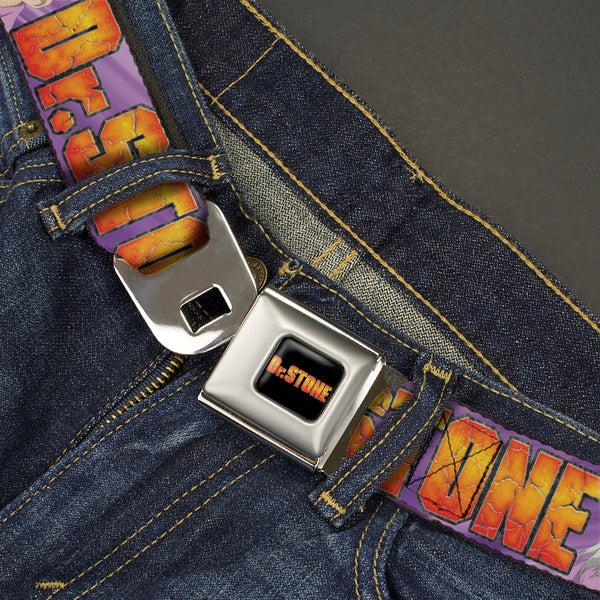 Buckle-Down DR. STONE Title Logo Full Color Black/Orange Seatbelt Belt - DR. STONE Title Logo And Gen Asagiri Face Purples Webbing