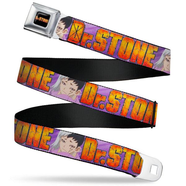 Buckle-Down DR. STONE Title Logo Full Color Black/Orange Seatbelt Belt - DR. STONE Title Logo and Gen Asagiri Face Purples Webbing