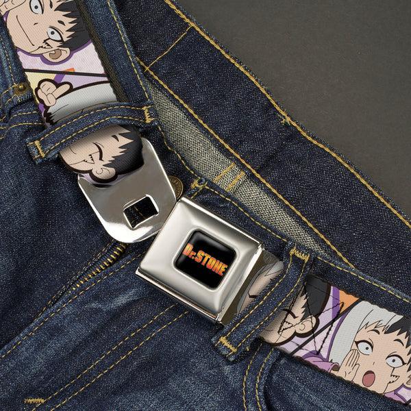 Buckle-Down DR. STONE Title Logo Full Color Black/Orange Seatbelt Belt - Dr. Stone Chibi Gen Asagiri Expression Blocks Webbing