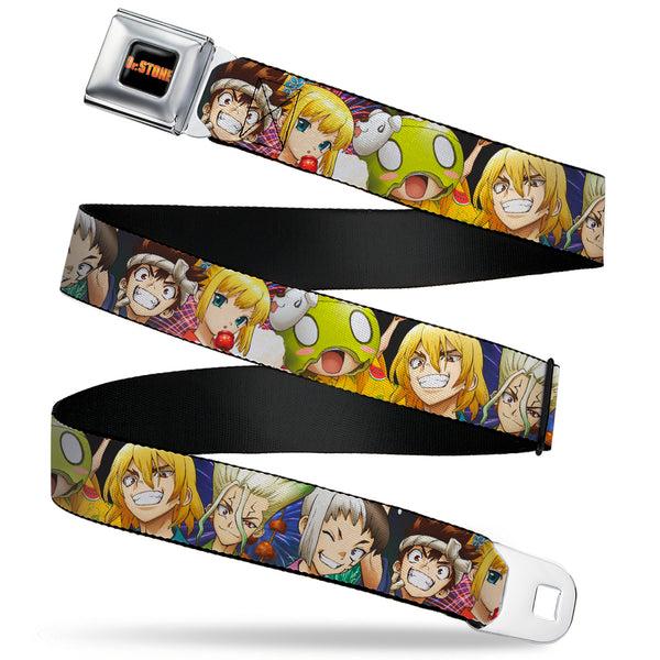 Buckle-Down DR. STONE Title Logo Full Color Black/Orange Seatbelt Belt - Dr. Stone Character Group Faces Close-Up Webbing