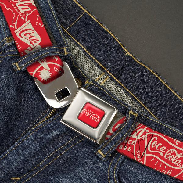 Buckle-Down DRINK COCA-COLA Logo Full Color Red/White Seatbelt Belt - Vintage Coca-Cola Coke Icons And Ad Logos Red/White Webbing