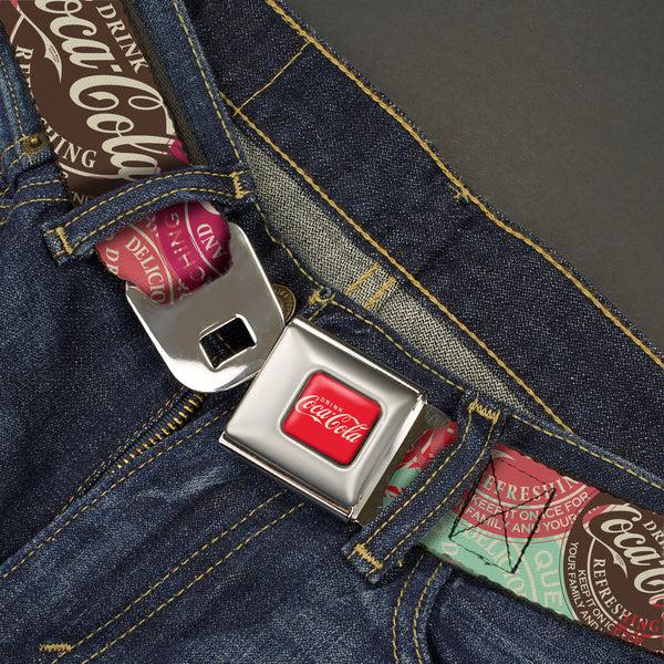 Buckle-Down DRINK COCA-COLA Logo Full Color Red/White Seatbelt Belt - DRINK COCA-COLA Coke Patches Stacked Reds/Multi Color Webbing