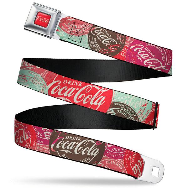 Buckle-Down DRINK COCA-COLA Logo Full Color Red/White Seatbelt Belt - DRINK COCA-COLA Coke Patches Stacked Reds/Multi Color Webbing
