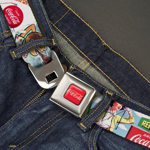 Buckle-Down DRINK COCA-COLA Logo Full Color Red/White Seatbelt Belt - Vintage Coca-Cola GO REFRESHED Ads And Icons Collage Webbing