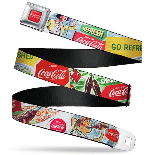 Buckle-Down DRINK COCA-COLA Logo Full Color Red/White Seatbelt Belt - Vintage Coca-Cola GO REFRESHED Ads and Icons Collage Webbing