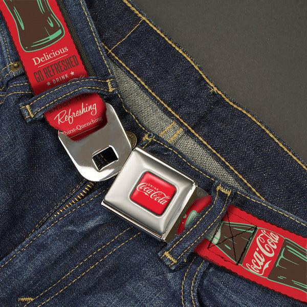 Buckle-Down DRINK COCA-COLA Logo Full Color Red/White Seatbelt Belt - Vintage Coca-Cola DELICIOUS GO REFRESHED Typography And Bottle Red/Brown/White Webbing