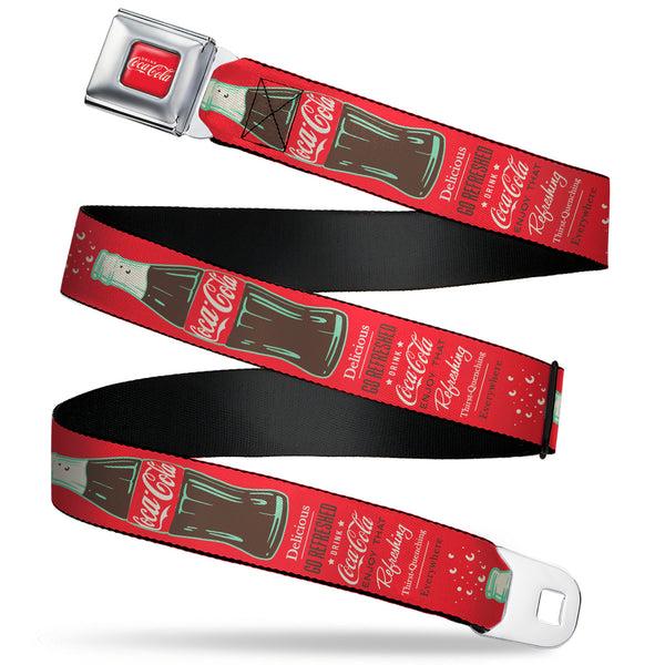 Buckle-Down DRINK COCA-COLA Logo Full Color Red/White Seatbelt Belt - Vintage Coca-Cola DELICIOUS GO REFRESHED Typography and Bottle Red/Brown/White Webbing