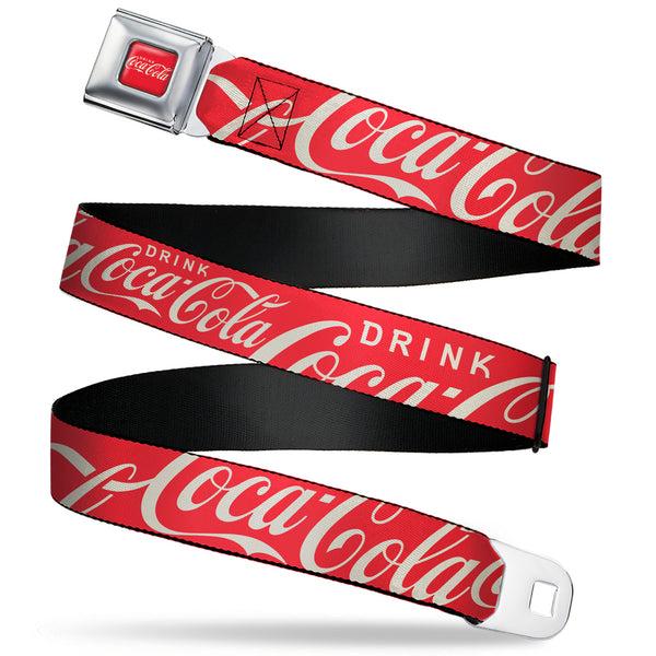 Buckle-Down DRINK COCA-COLA Logo Full Color Red/White Seatbelt Belt - DRINK COCA-COLA Typograpy Logo Scattered Red/White Webbing